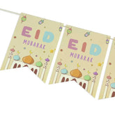 Decoratieve Eid Mubarak banner met moskeedomen en lampion illustraties voor slinger lampion kids